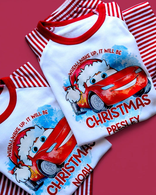 When I Wake It Will Be Christmas, Lightening McQueen Matching Red Stripe PJs