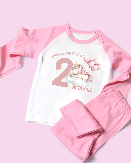 When I Wake Up Unicorn Scene Birthday Personalised Pink Pyjamas