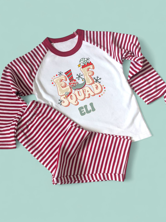 Elf Squad Personalised Christmas Red Stripe PJs
