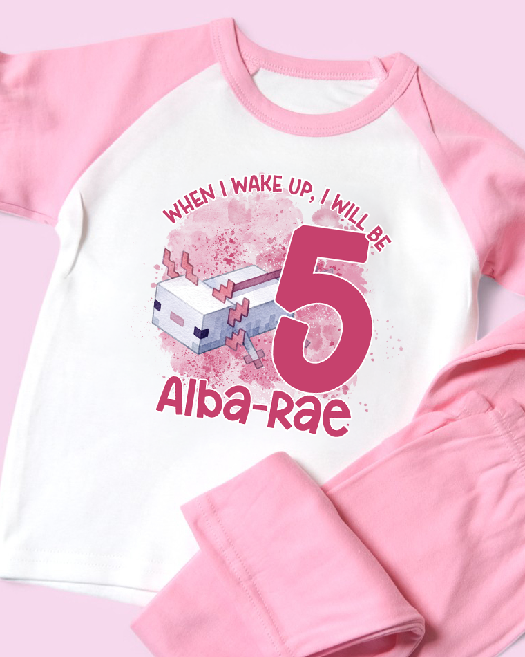 When I Wake Up Minecraft Axolotl Birthday PJS, Kids Personalised Birthday Pyjamas