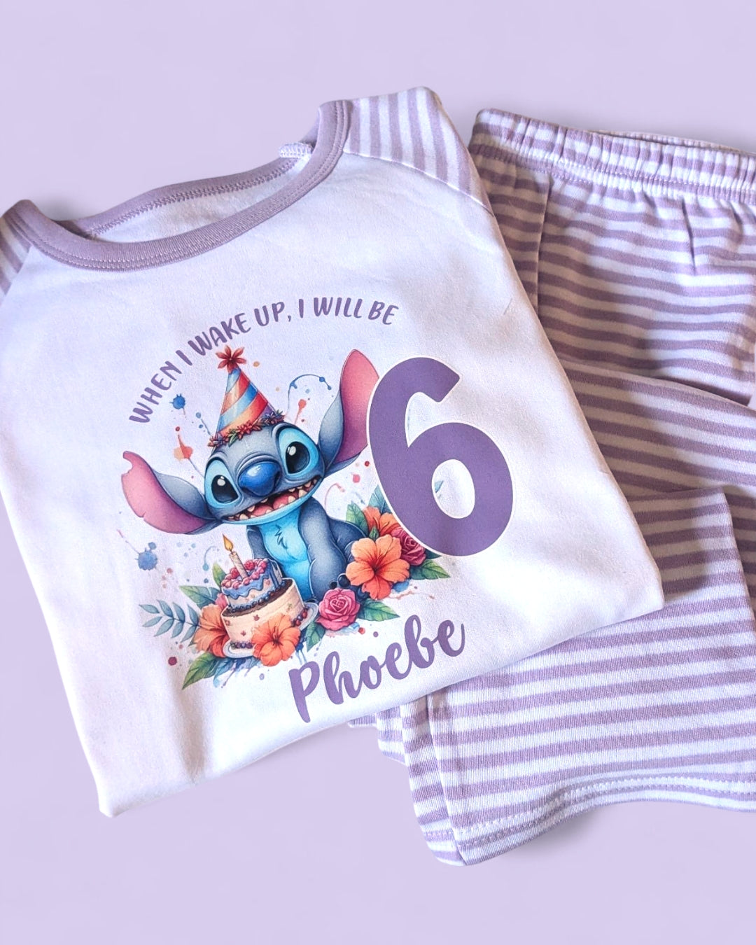 Stitch Birthday PJs, When I Wake Up Stitch Birthday Age Personalised Purple Stripe Pyjamas