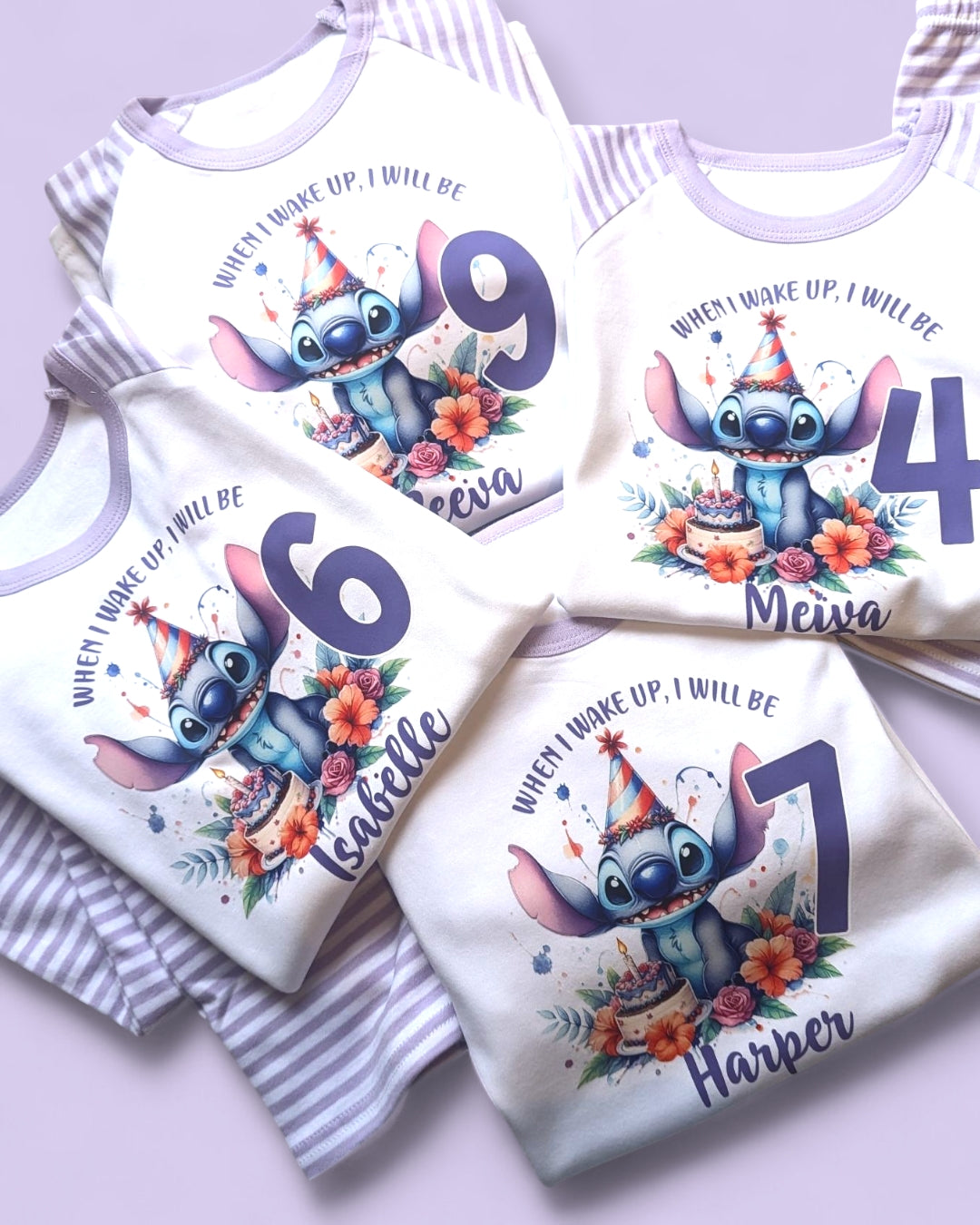 Stitch Birthday PJs, When I Wake Up Stitch Birthday Age Personalised Purple Stripe Pyjamas