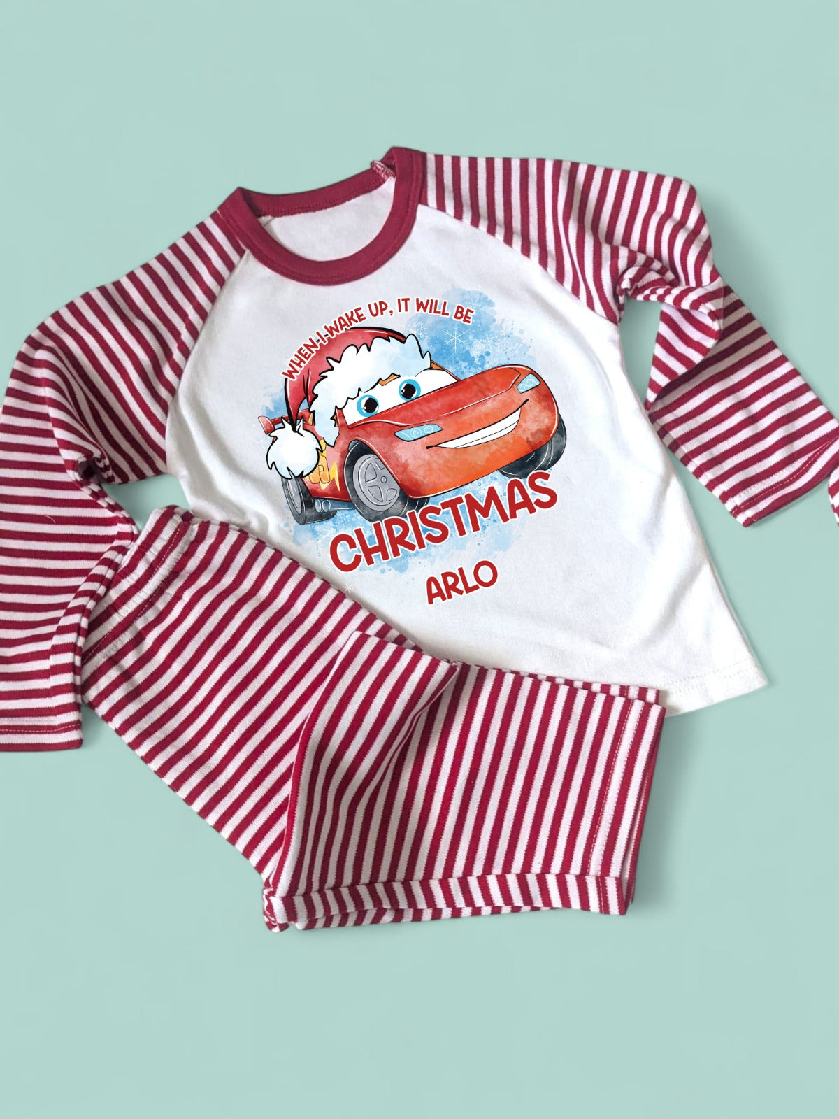 When I Wake It Will Be Christmas, Lightening McQueen Family Matching Red Stripe PJs