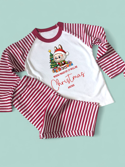 Labubu Red Personalised Christmas Family Matching Red Stripe PJs