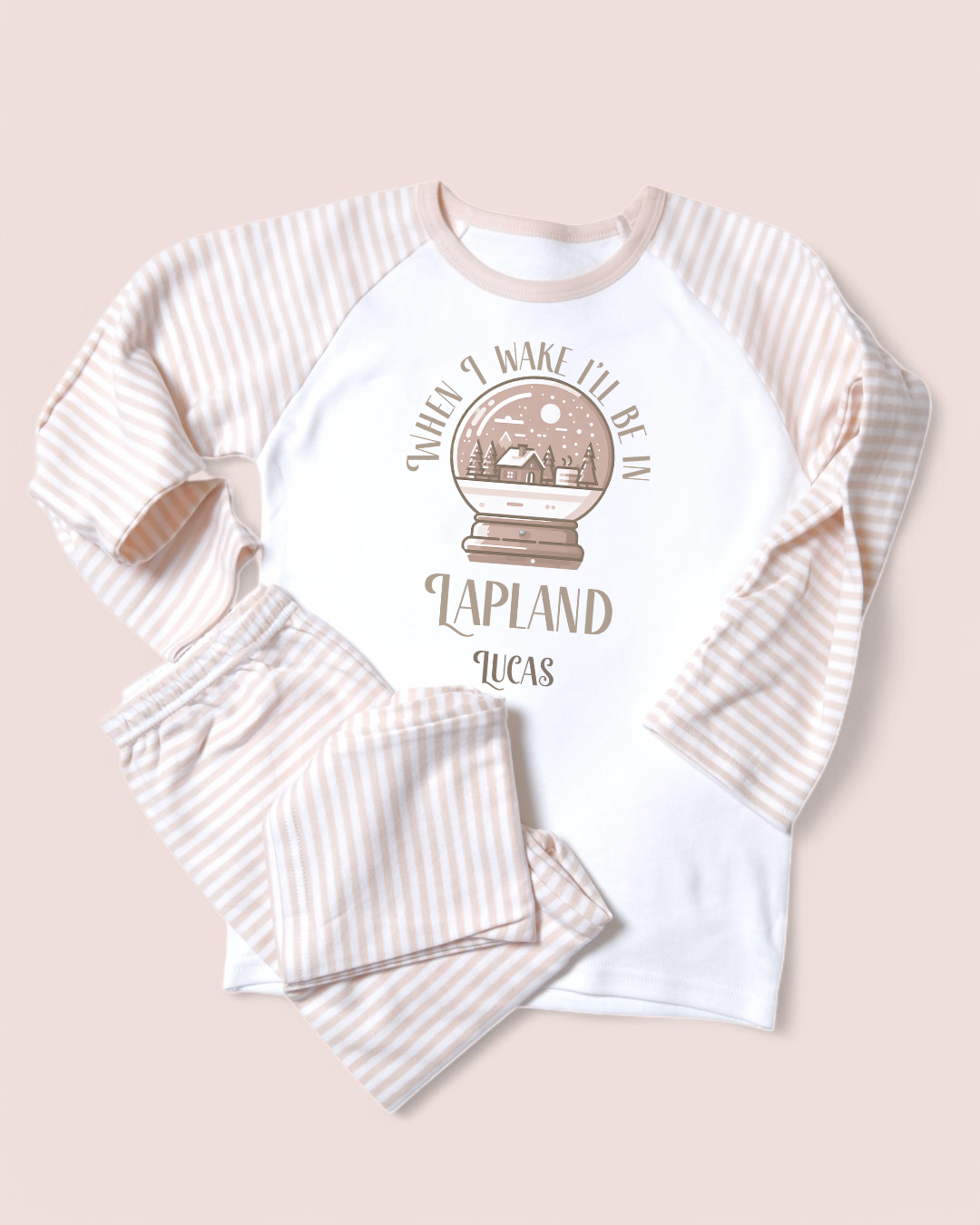 When I Wake Up I'll Be In Lapland Personalised Christmas Natural Stripe PJs