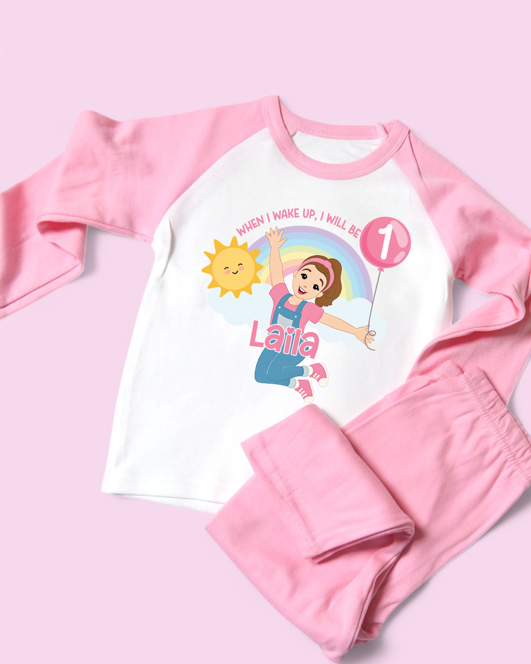 When I Wake Up Ms Rachel Rainbow Birthday Personalised Pink Pyjamas