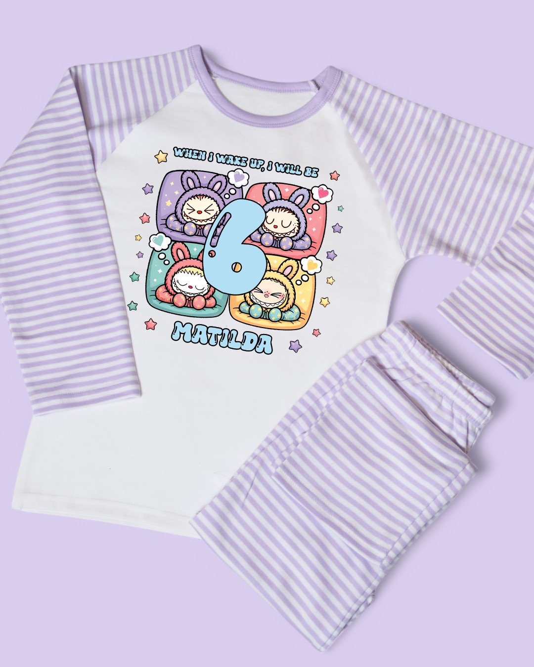 When I Wake Up Labubu Sleeping Birthday Age Personalised Purple Stripe Pyjamas
