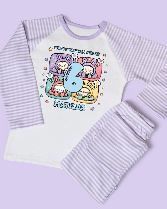 When I Wake Up Labubu Sleeping Birthday Age Personalised Purple Stripe Pyjamas