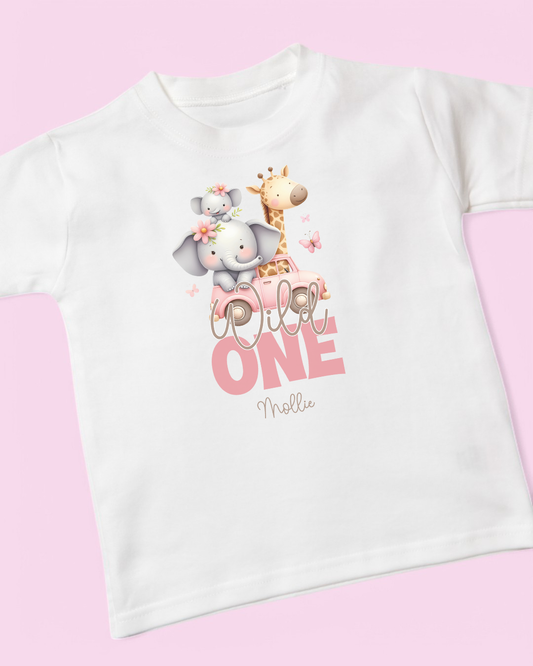 Wild One Pink Safari Birthday Personalised Cotton T-Shirt